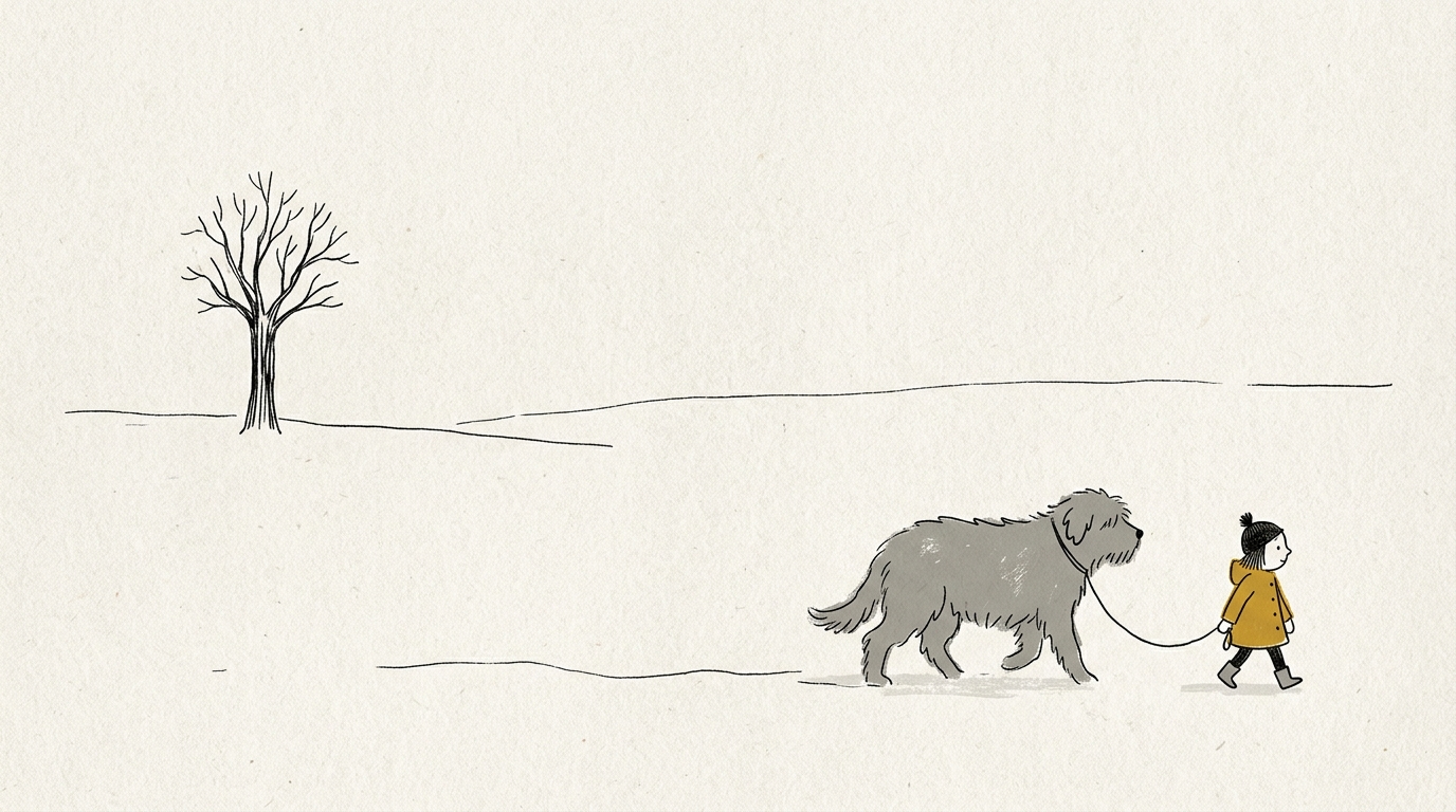 Hand-Drawn style sample: a small girl in a yellow coat walks a large grey dog across an empty snowfield