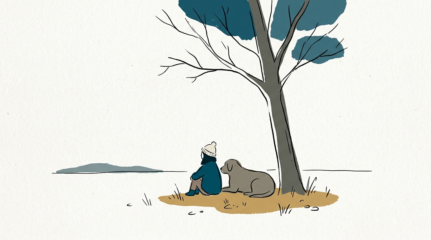 Hand-Drawn style sample: the same girl and dog resting under a bare tree