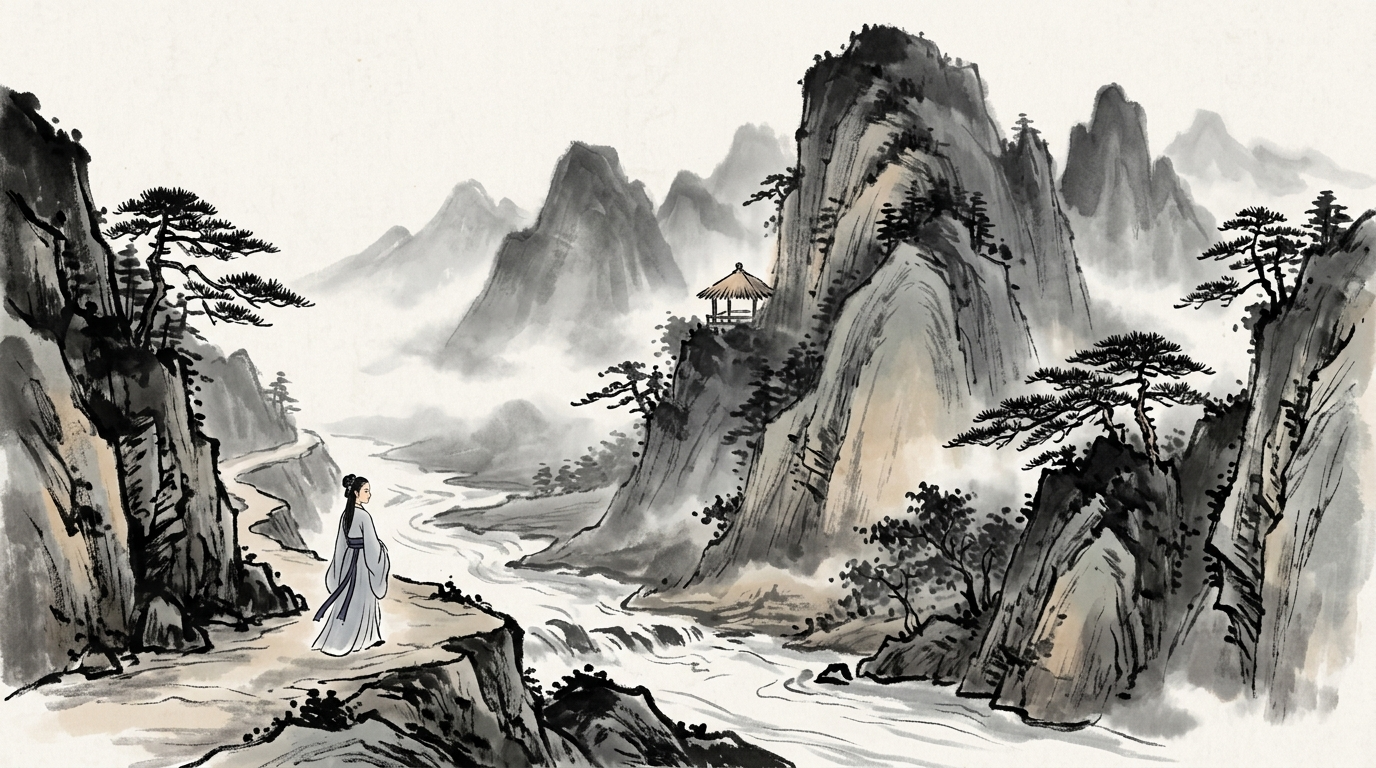 Ink Wash style sample: a young woman in a grey robe walks a mountain path above a river, mist-covered peaks behind her