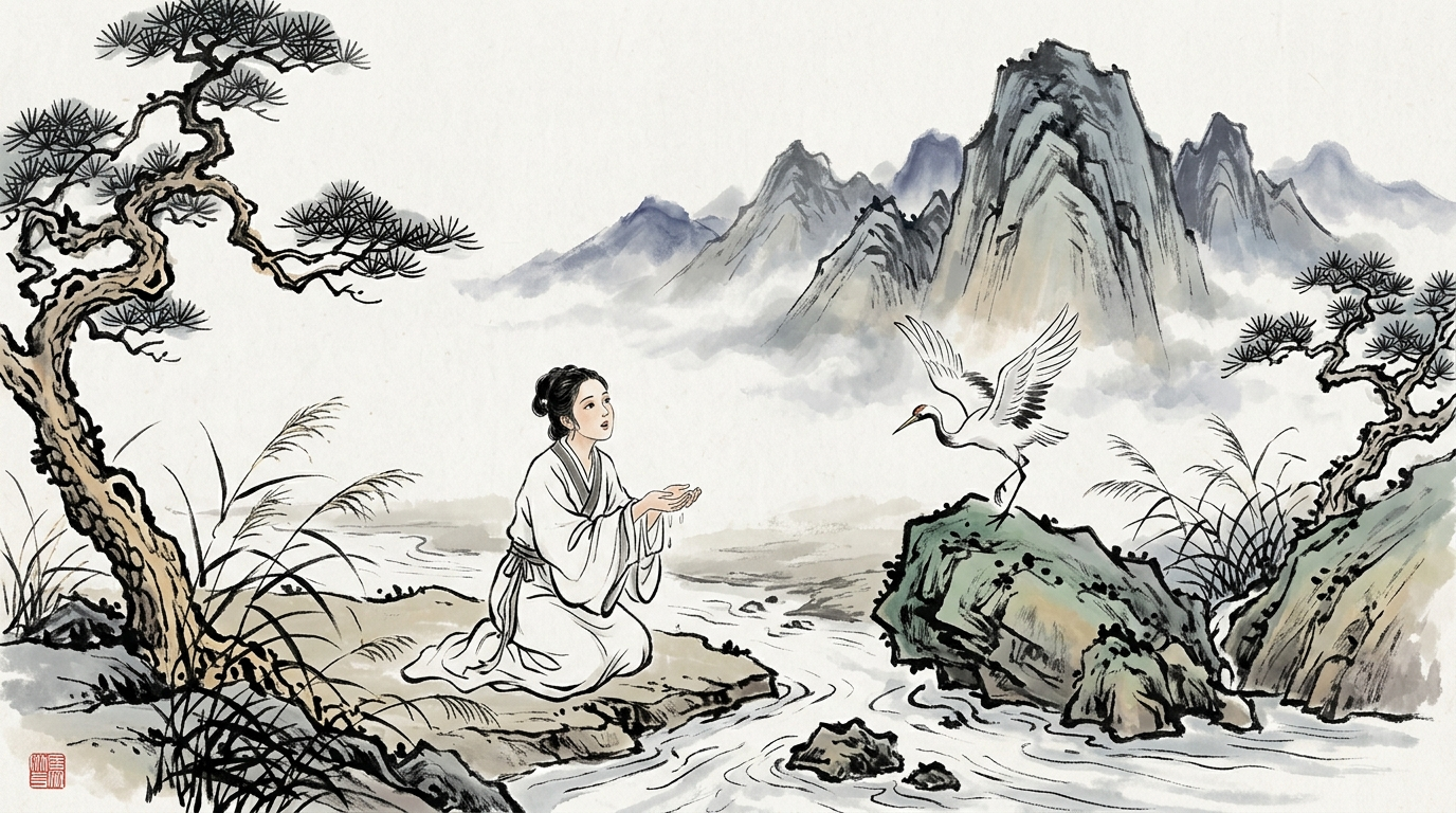 Ink Wash style sample: the same young woman kneels at a river as a white crane lands beside her