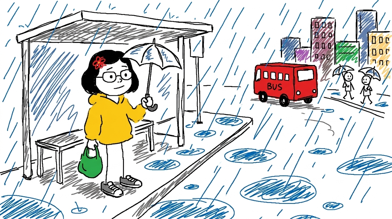 Scribble style sample: a young woman with a bob and round glasses waits at a bus stop in the rain, a red bus and two stick-figure pedestrians behind her, all in wobbly marker scribbles