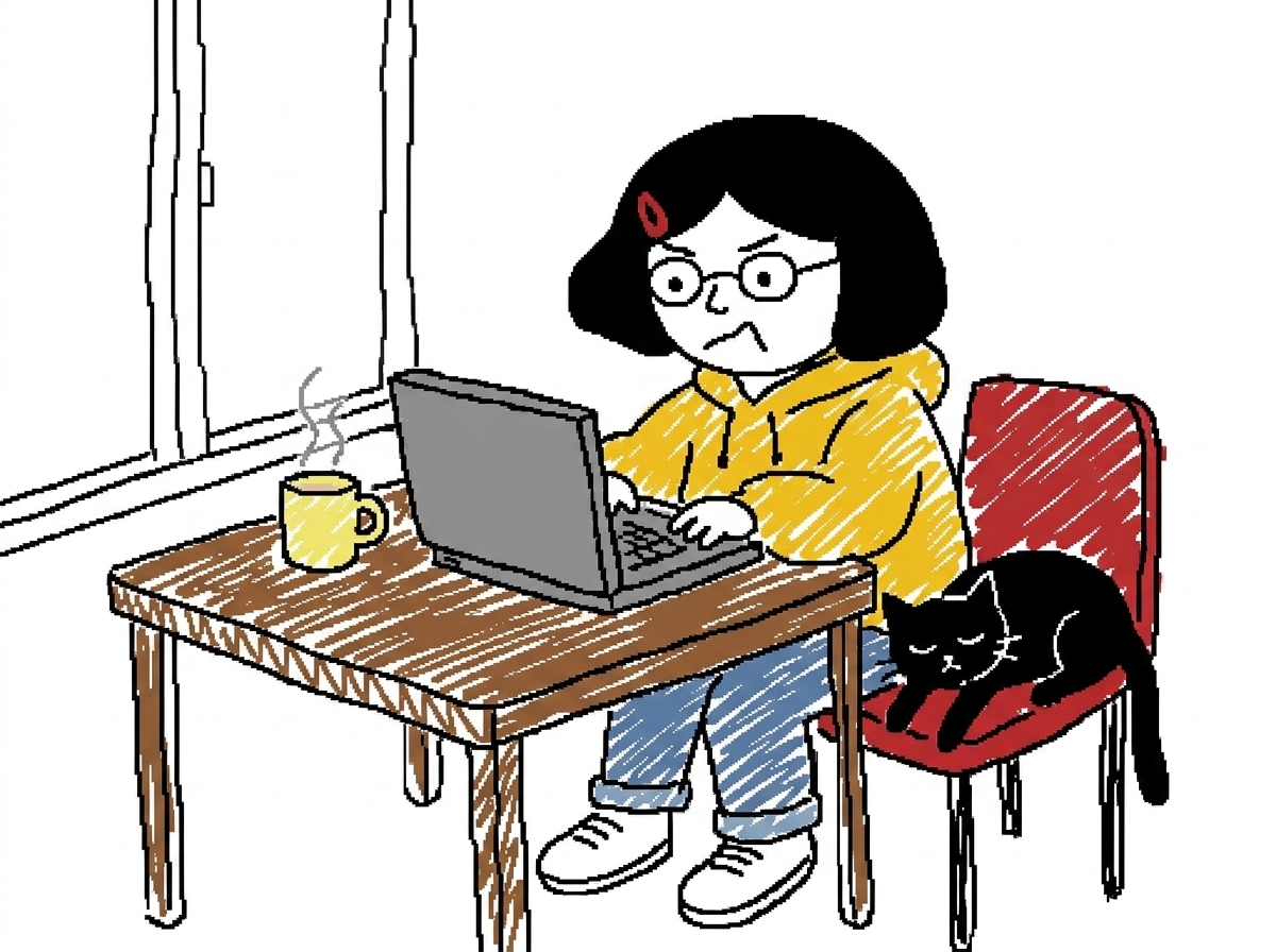 Scribble style sample: the same young woman frowns at a laptop in a cafe while a black cat sleeps on the chair beside her